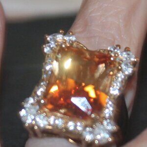 HUGE 14K Gold Over 925 Sterling 1" Citrine w Side Stones Statement Cocktail Ring